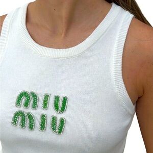 Miu Miu Embellished Crystal Logo Ribbed Tank Top - Small